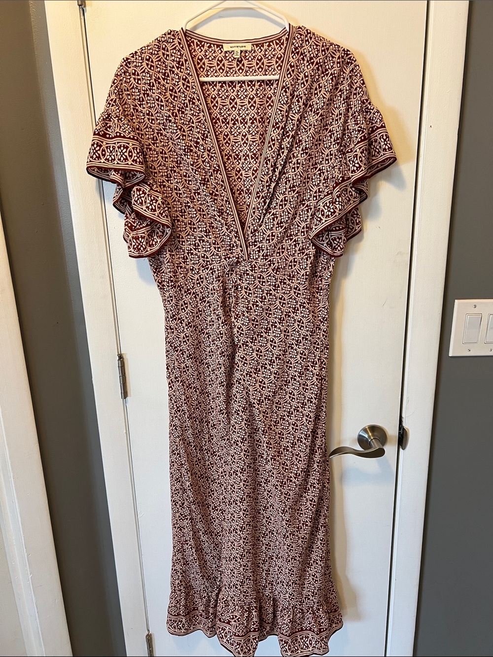 Max Studio Burgundy Geometric V-Neck Maxi Dress